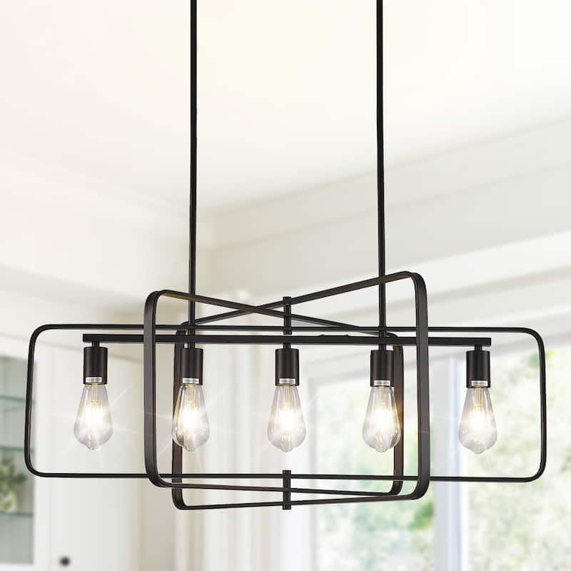 5-Light Modern Farmhouse Metal Chandelier, Rectangle Island Lights -33 Inch - Black