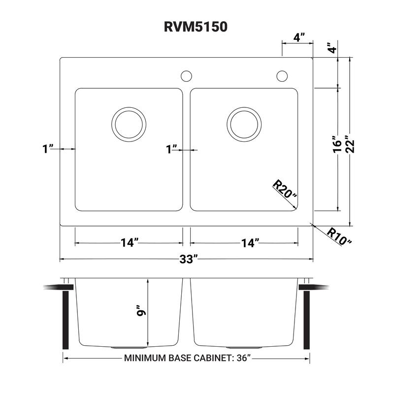 Ruvati 33 x 22 inch Drop-in Topmount Kitchen Sink 16 Gauge Stainless Steel 50/50 Double Bowl - RVM5150 - 8' x 11'