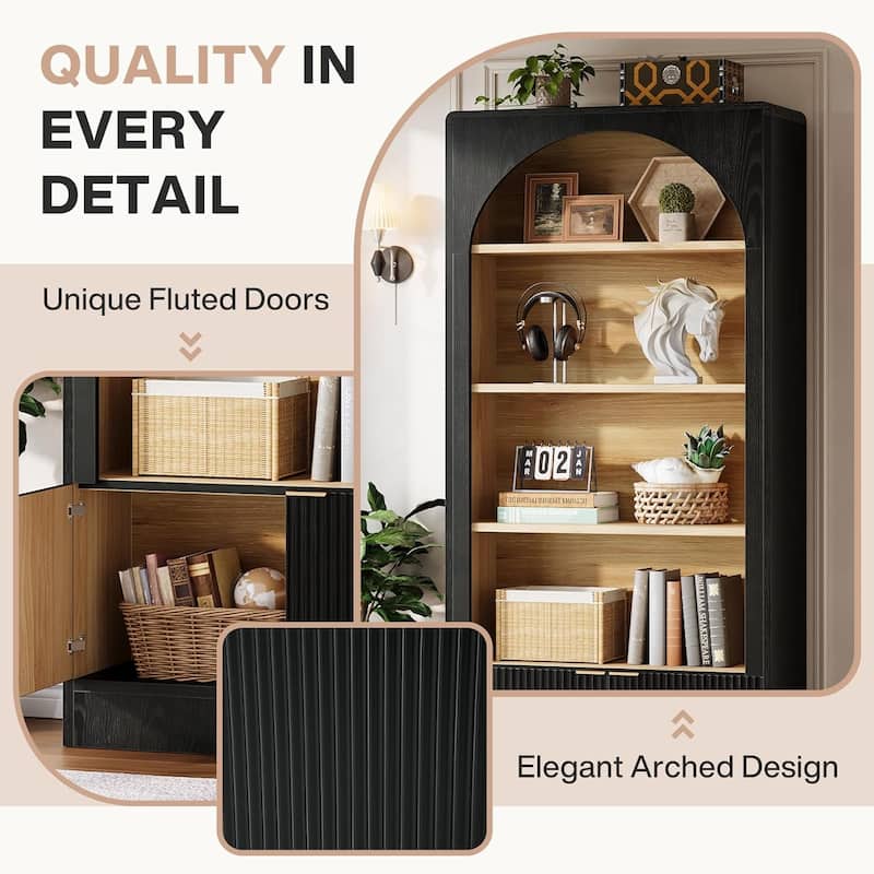 71" Tall 5-Tier Modern Arched Black Bookcase with Cabinet and Fluted Doors - 31.5" W x 11.81" D x 70.87" H