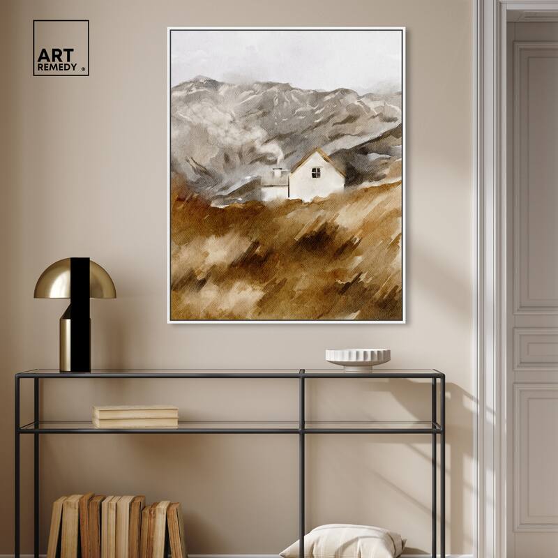 Art Remedy House In The Mountains Framed Landscape 1 Piece Canvas Wall Art Watercolor Style