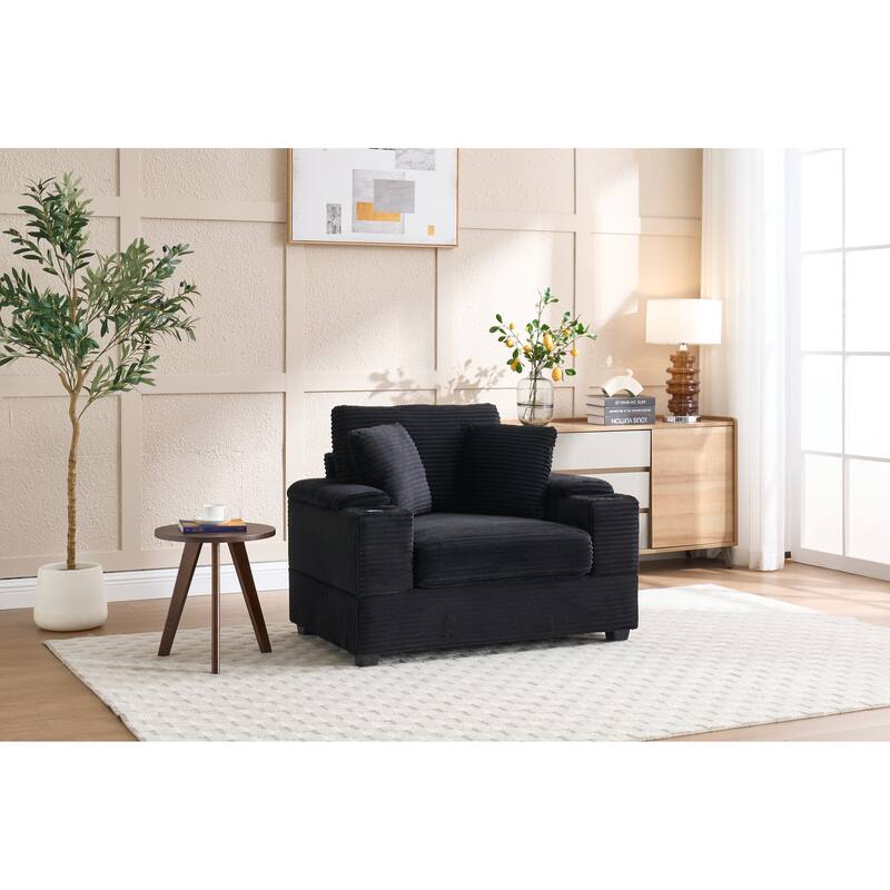 Corduroy Upholstered Chaise Lounge with Movable Ottoman, Living Room Storage Sofa Chair with Cup Holder, Detachable Cushions