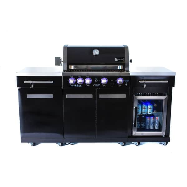 slide 2 of 9, Mont Alpi MA-957FC 5-Burner 32-inch 63000 BTU Black Stainless Steel Compact Outdoor Kitchen Island Gas Grill + Fridge Cabinet Black - Natural Gas/Propane Gas