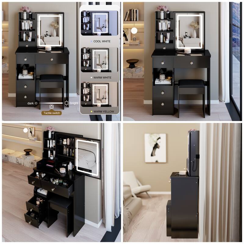 29.2" Vanity Set with LED Mirror, 3-Color Light & Cushioned Stool