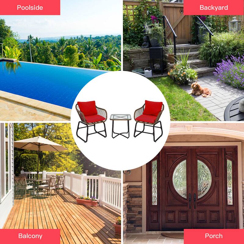 Costway 3PCS Patio Rattan Bistro Set Cushioned Chair Glass Table Deck - See Details