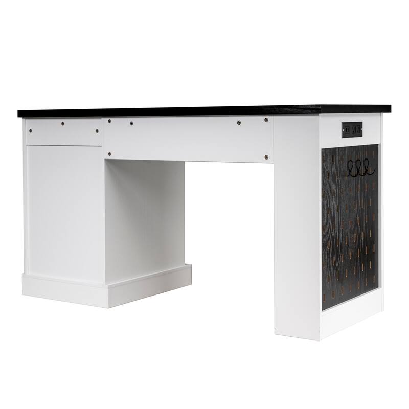 Roomfitters 55" Modern Fluted Office Desk with Charging Station, Storage Cabinet & Pegboard