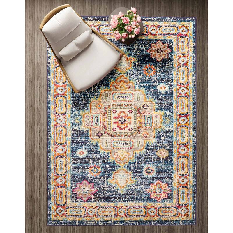 ECARPETGALLERY Machine Made Lotus Navy Area Rug