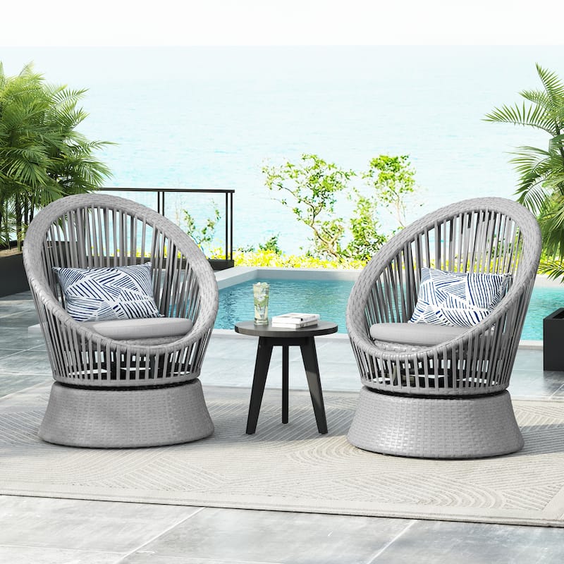 [Set of 2] 26.7" Modern Silver Grey Swivel Wicker Chair PE Rattan Iron Frame Round Design - Silver grey