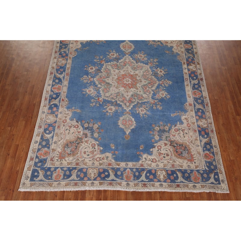 Tabriz Vintage Persian Rug Hand-Knotted Blue Wool Carpet - 8'4" x 11'3"