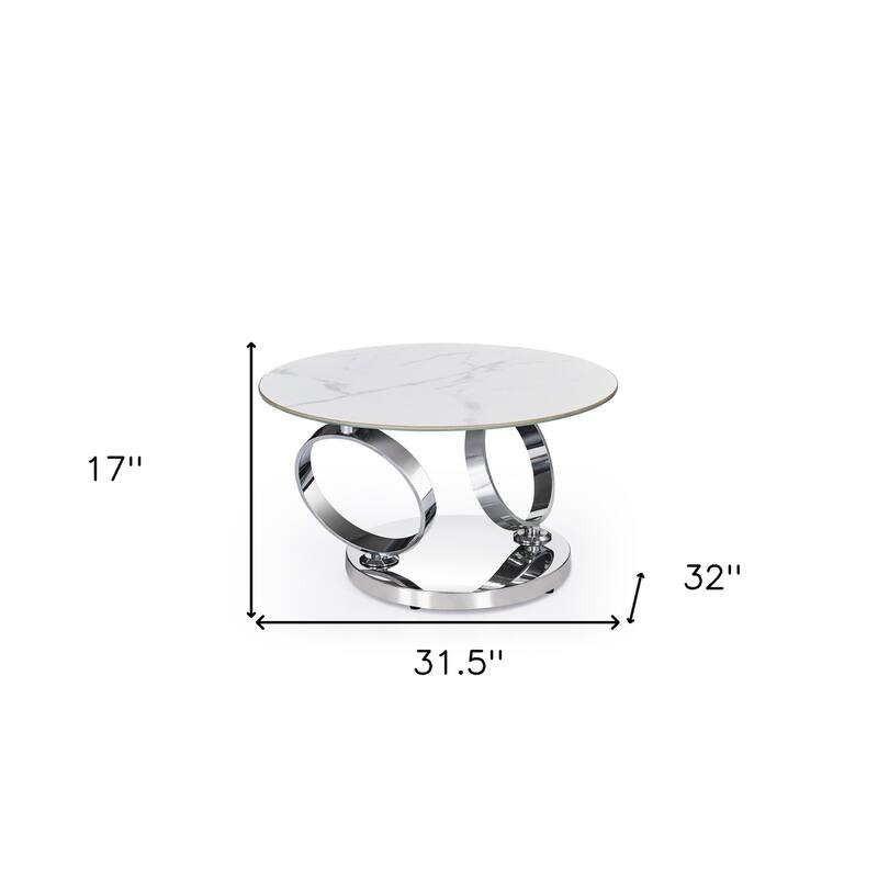HomeRoots 32" White And Silver Ceramic Tile And Metal Round Abstract Coffee Table - 31.5' X '17' X '32
