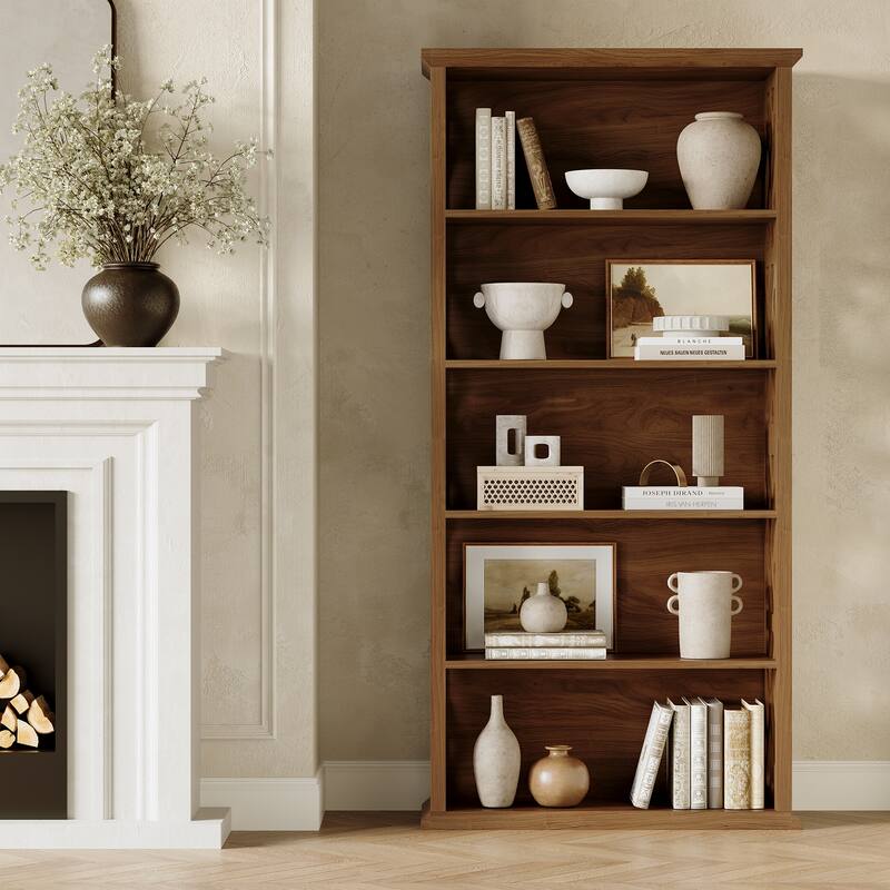 Farmhouse Wooden 5-Shelf Bookshef Bookcase for Living Room