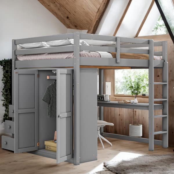 slide 2 of 12, Full Loft Bed with Wardrobe, Desk, & Drawers Grey