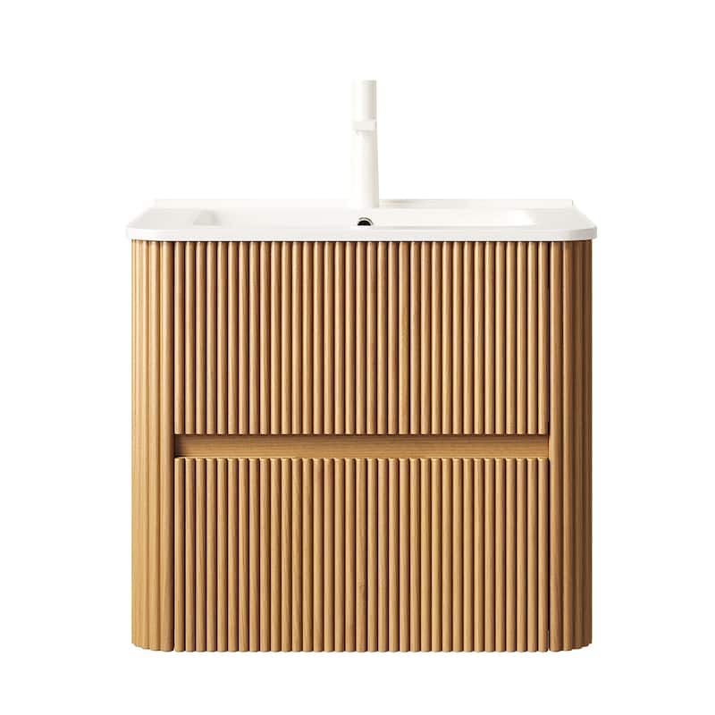 24" Bathroom Vanity with Sink, Wall-Mounted Floating Plywood Striped Bathroom Storage Cabinet with 2 Drawers