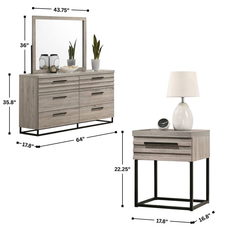 Roundhill Furniture Alvear Upholstered Wood Panel Bed, Dresser, Mirror, and Nightstand, Weathered Gray
