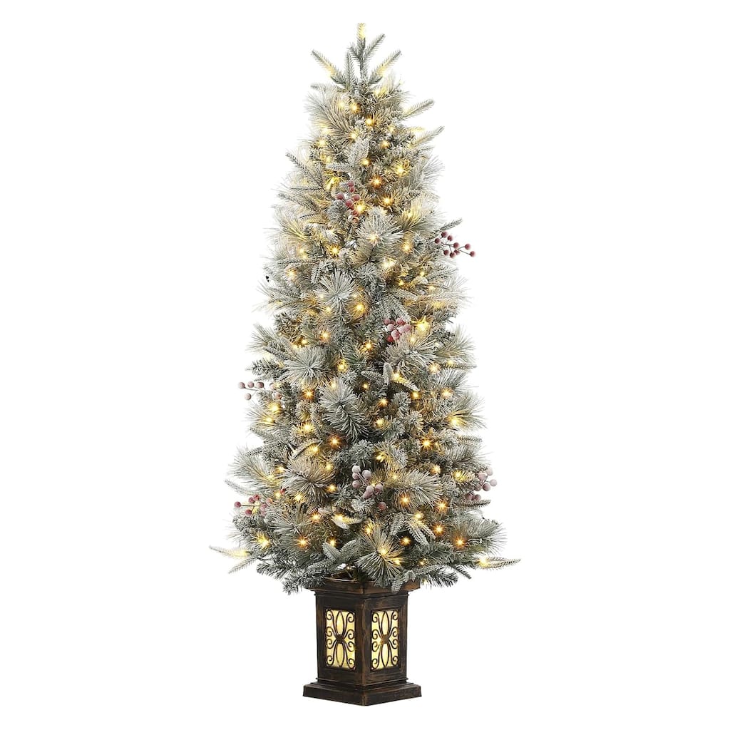 4.5 Ft Artificial Christmas Tree with 200 Warm White LED Lights and Red Berries Potted Base Holiday Xmas Tree