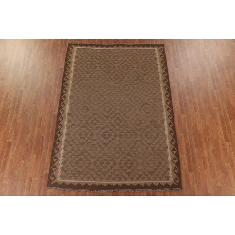 Hand Woven Oriental 100% Wool Carpet Southwestern Geometric Brown Kilim Area Rug - 9' 3'' X 6' 6''