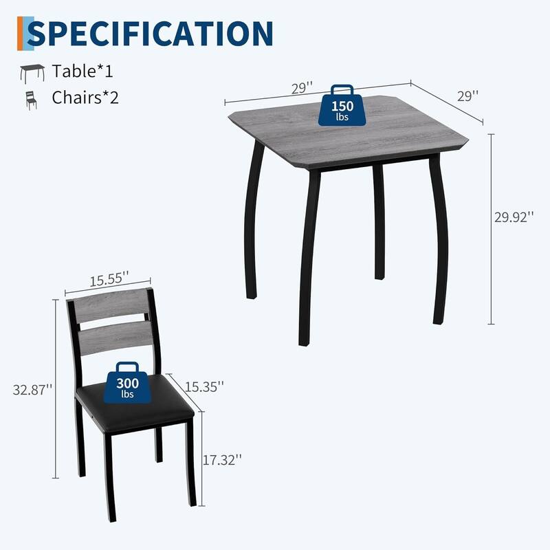 3 Piece Dining Table Set, with Metal Frame & Wood Tabletop