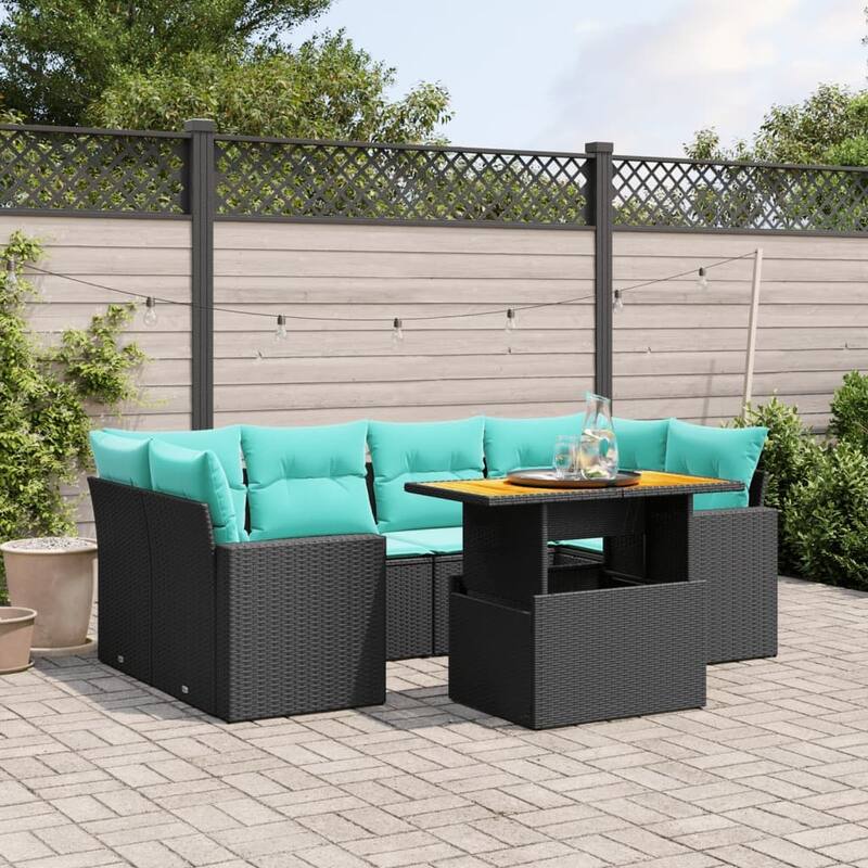 vidaXL Patio Sofa Set with Cushions Outdoor Furniture 7 Piece Poly Rattan - Black without storage - 24.4" x 24.4" x 27.2"