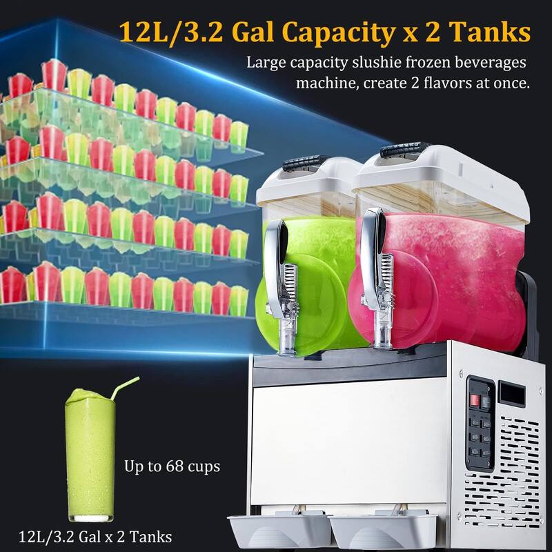 Commercial Slushy Machine, 24L/6.4 Gal, Self-Cleaning, for Margaritas, alcoholic beverages, smoothies, and soft ice cream