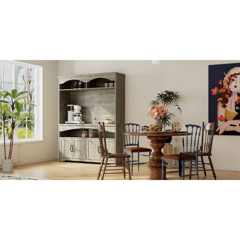 Coffee Bar Cabinet with Hutch and Storage Shelves Rustic Buffet Cabinet with 4 Doors for Kitchen or Dining Room