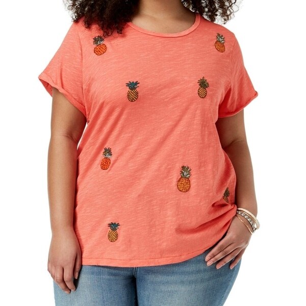 Lucky Brand Womens Pineapple Embroidered Short Sleeve Graphic T-Shirt