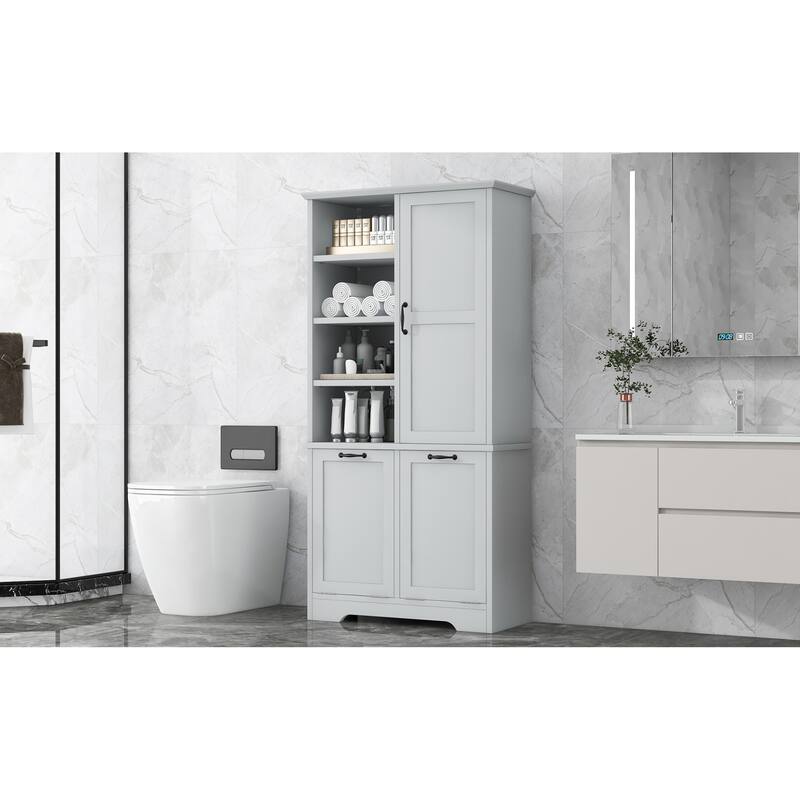 Roomfitters 68" Tall Bathroom Storage Cabinet with Dual Tilt-Out Laundry Hampers, Open Shelves & Adjustable Storage