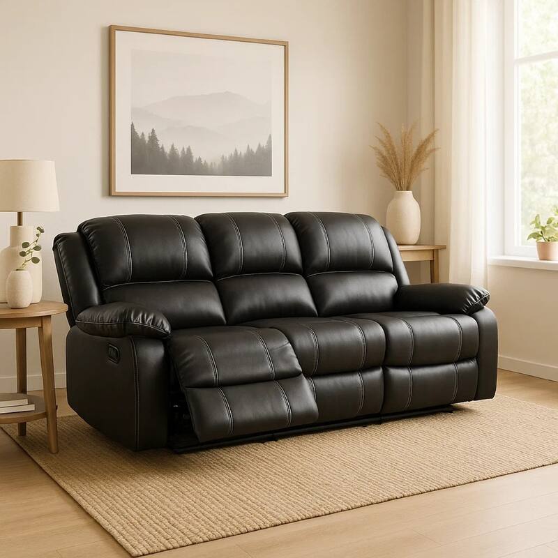 Zuru Motion Manual Recliner Sofa, 3 Seater, Plush Black Faux Leather