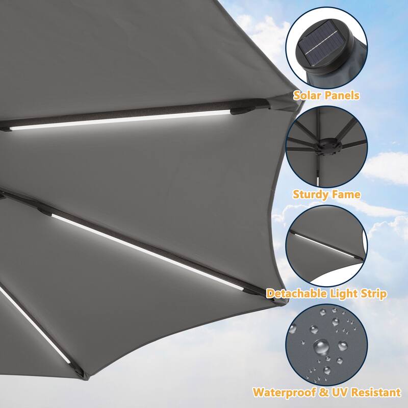15 Ft Outdoor Solar Detachable Lights Rectangular Crank Market Umbrella with Base