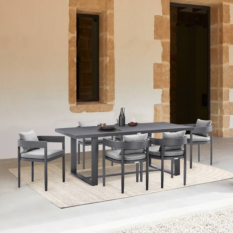 Argiope Outdoor Patio 7-Piece Dining Table Set in Aluminum with Grey Cushions - Dark Grey