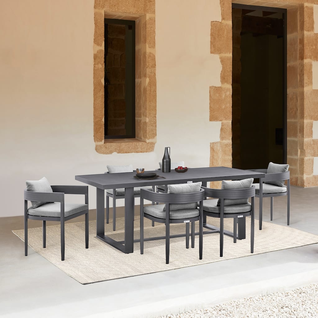 Argiope Outdoor Patio 7-Piece Dining Table Set in Aluminum with Grey Cushions