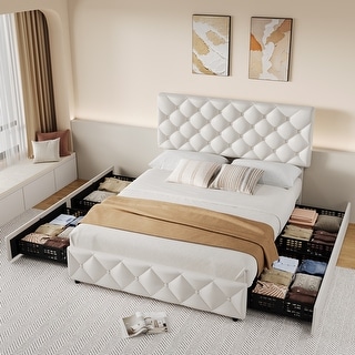 Faux Leather Bed Frame with 4 Storage Drawers and Adjustable Headboard ...