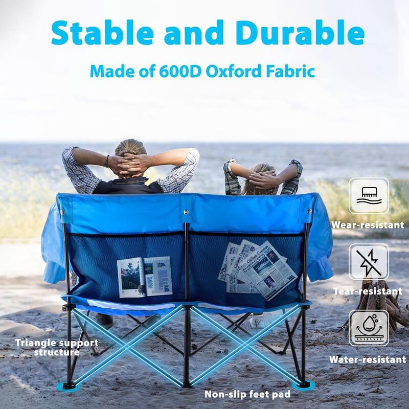 BOSSIN Double Outdoor Camping Chair - Heavy-Duty 650lb XL Folding Loveseat with Cup Holders, Back Storage & Carry Strap