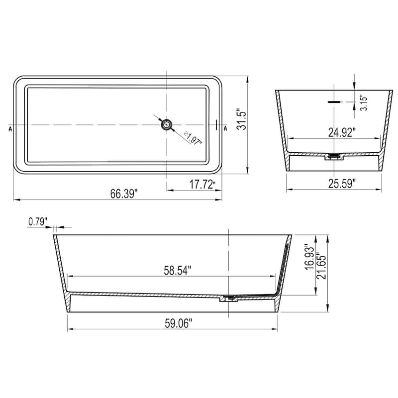 67 Inch Solid Surface Freestanding Soaking Bathtub in Matte White