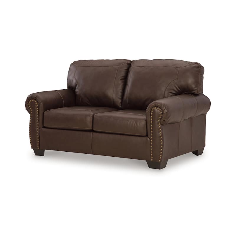 Reeve Loveseat, Rolled Arms, Nailhead Trim, Dark Brown Leather 67 Inch