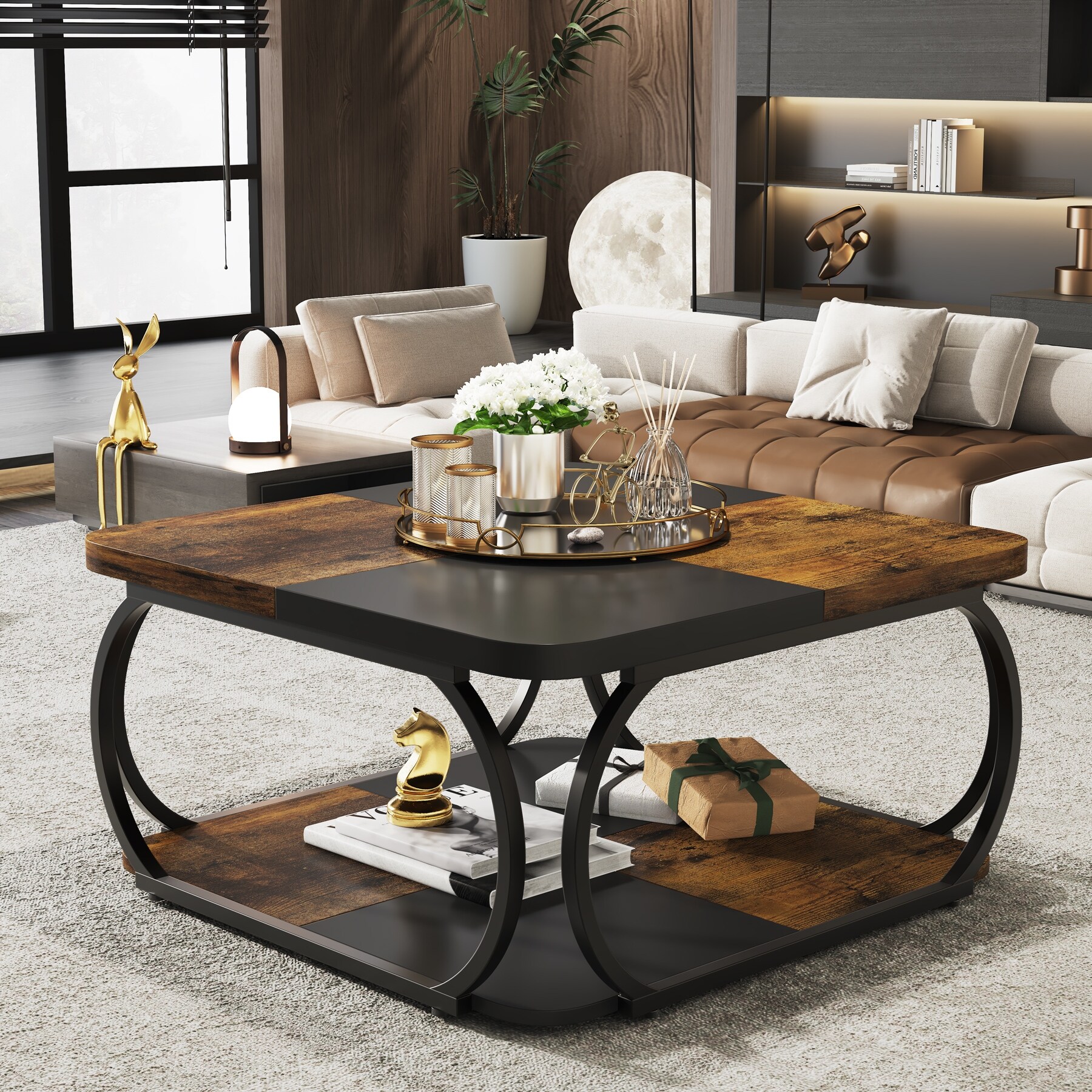 2 Tiers Square Coffee Table with Storage Shelf 39 Inches Low