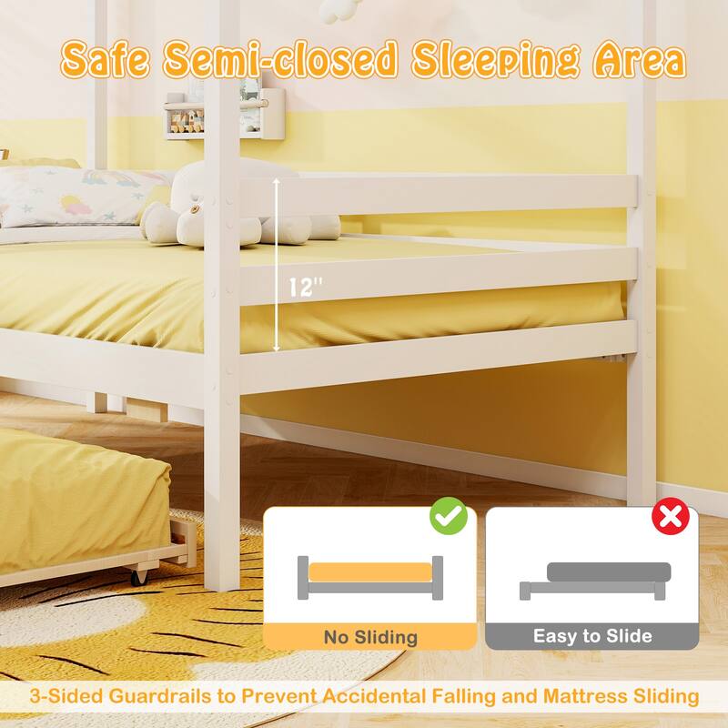 Gymax Twin Size House Bed with Trundle Wooden Platform Bed w/ Roof