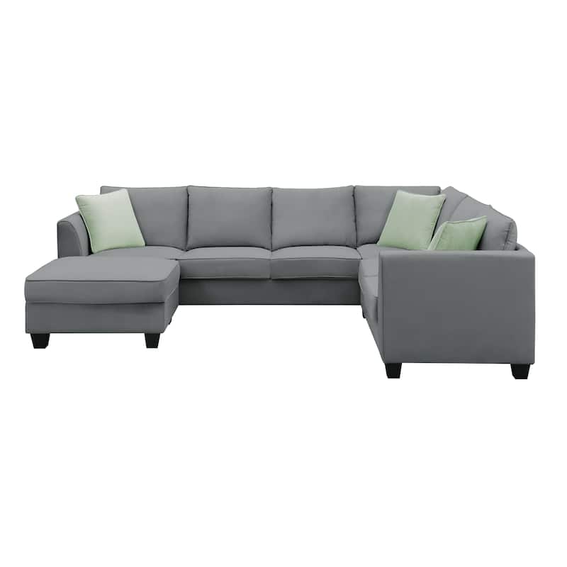 112'' Spacious L-Shaped 7-Seat Modular Sectional Sofa with Ottoman and 3 Pillows, Sturdy Wood and Metal Frame