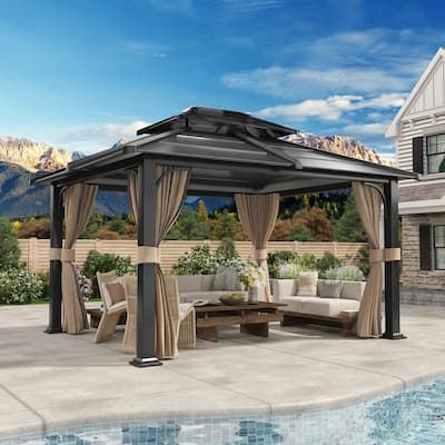 EROMMY Anti-Rust Coating Iron Hardtop Sun Shade Shelter Outdoor Canopy & Pergolas w/Curtains and Netting