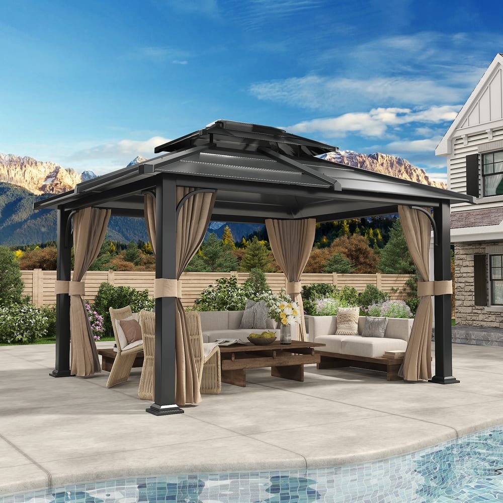 EROMMY Anti-Rust Coating Iron Hardtop Sun Shade Shelter Outdoor Canopy & Pergolas w/Curtains and Netting