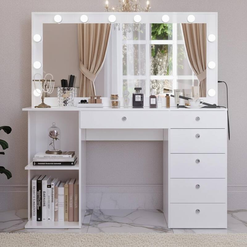 Hollywood Large Makeup Vanity Desk with 12 Light Bulbs; Modern Dressing Table with Multiple Storage Drawers & Crystal Knobs