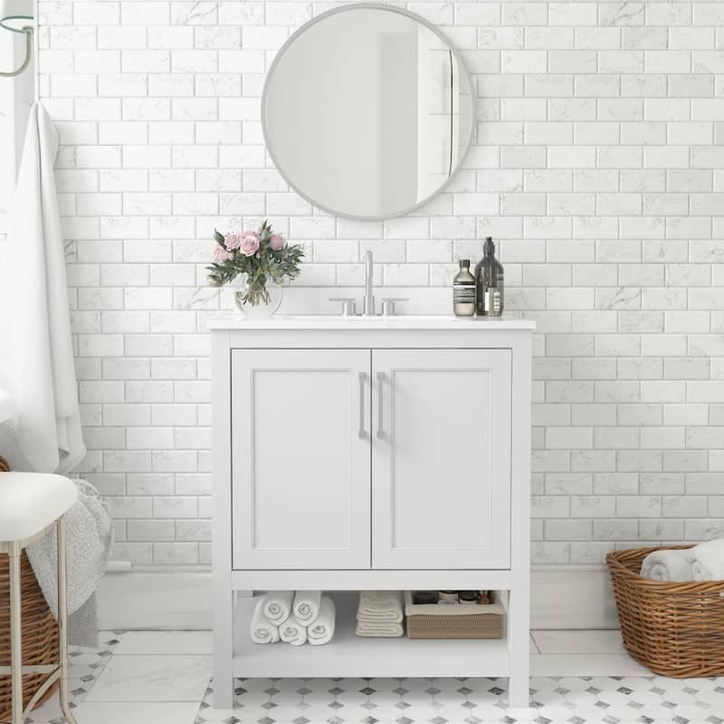 Bathroom Vanity with Undermount Sink and Open Storage Shelf - 30 Inch - White