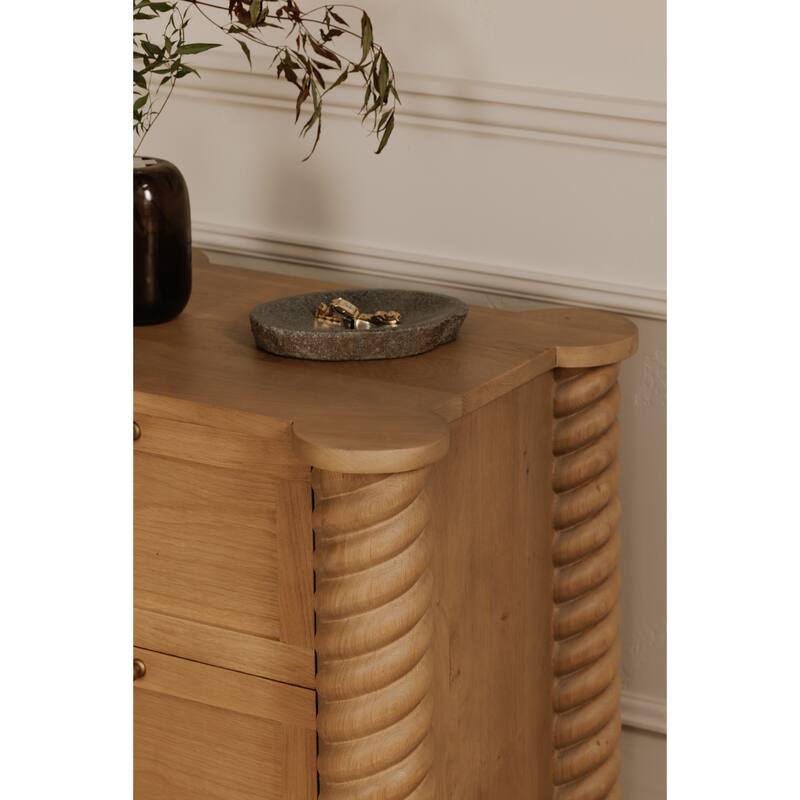 NADAAL STUDIOS Calvert Treccia Nightstand, Solid Oak with Oak Veneer Panels, 2 Drawers, Turned Legs, Natural Finish