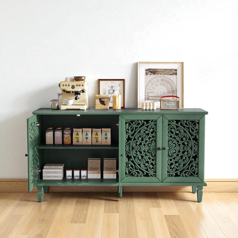 60" Antique Buffet Sideboard with Floral Carvings, Solid Wood Legs, Brass Handles & Adjustable Shelves, TV Stand up to 65"