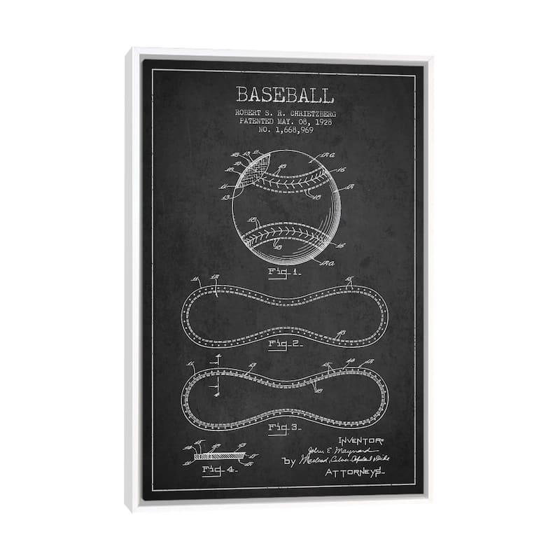 iCanvas "Baseball Charcoal Patent Blueprint" by Aged Pixel Framed Canvas Print - White - 26x18