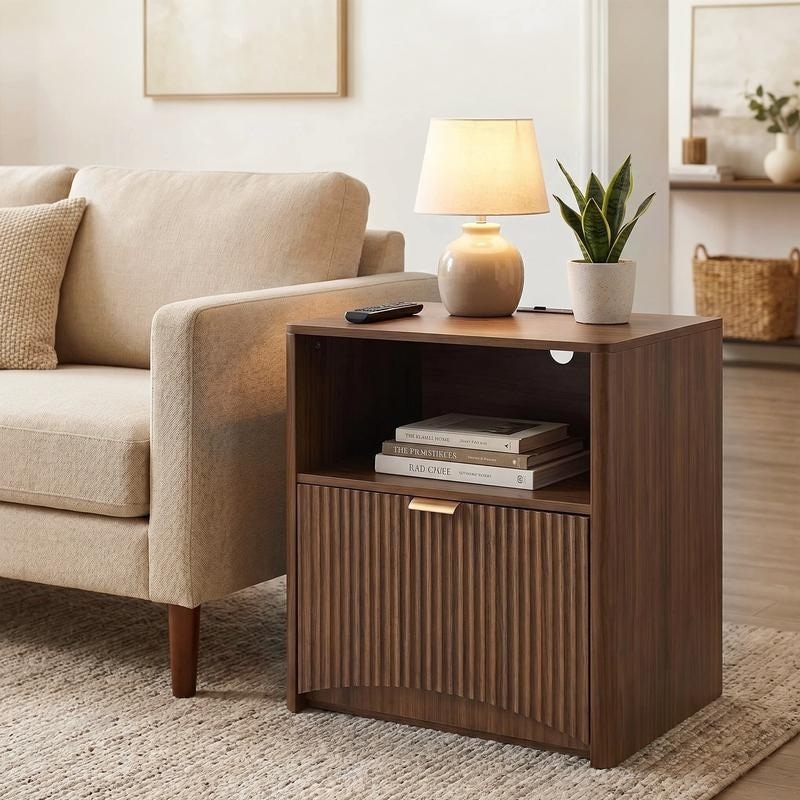 Set of 2 Mid Century Fluted Nightstands with Charging Station and Storage