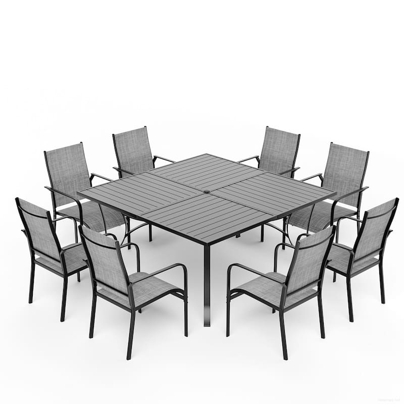 5/7/9-Piece Outdoor Patio Dining Set with Stackable Textilene Chairs and Slatted Table, Furniture with Adjustable Umbrella Hole