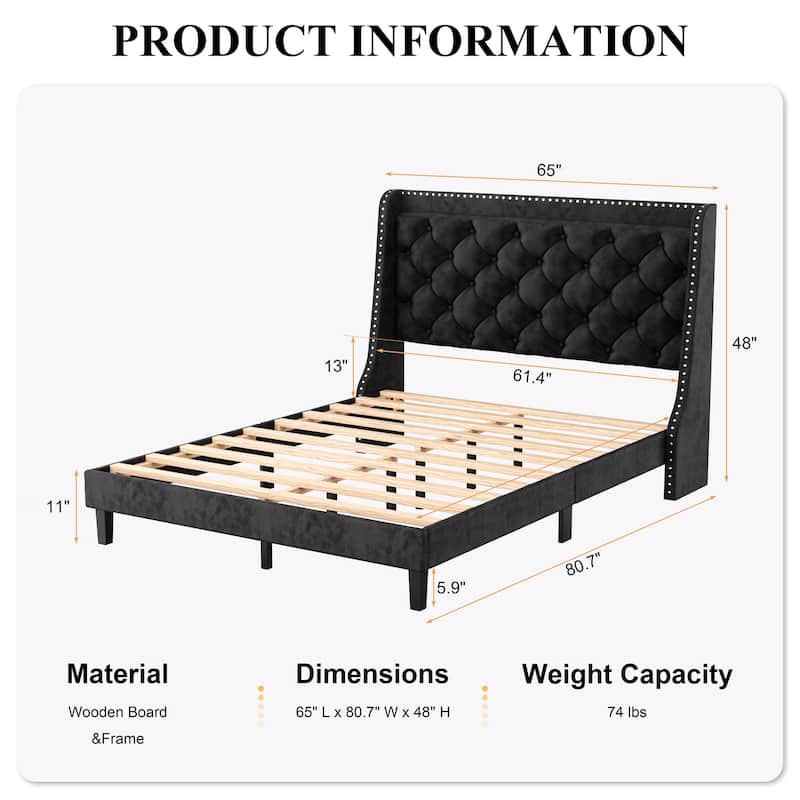 Diamond Tufted Queen Size Bed Frame – Faux Leather & Velvet Options with Button Tufted Headboard, Under-Bed Storage