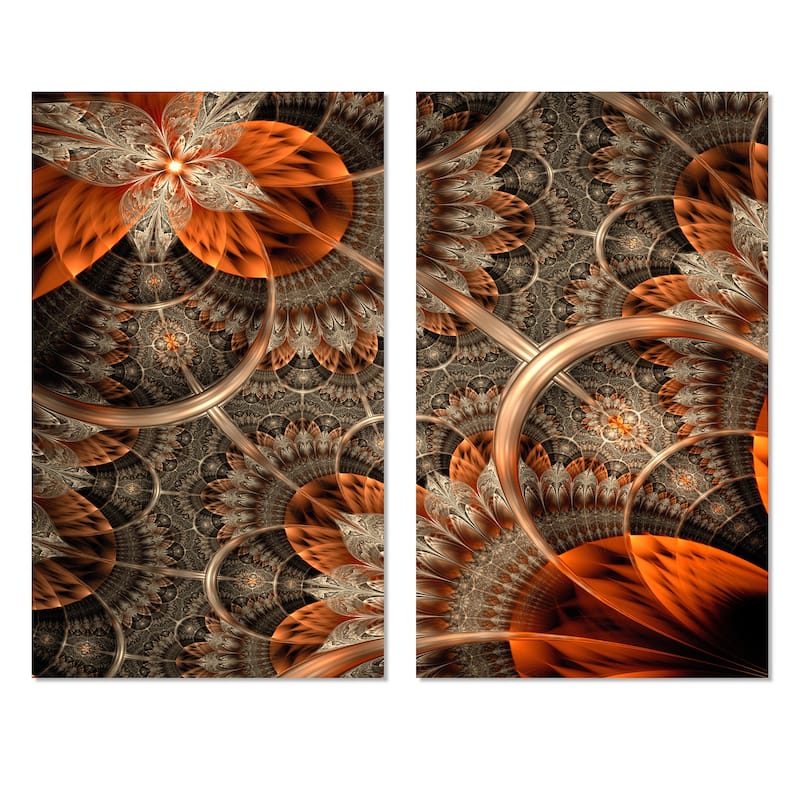 Designart "Orange Brown Digital Art Fractal Flower" Floral Canvas Wall Art Print 2 Piece Set