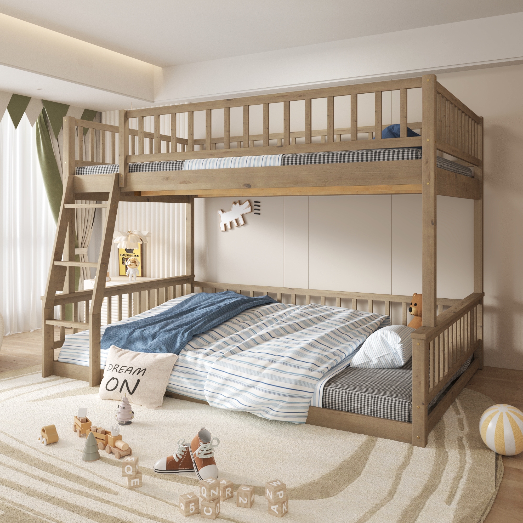 Full XL over Queen Bunk Bed with Ladder & Guardrails, Sturdy Stackable Bed Frame