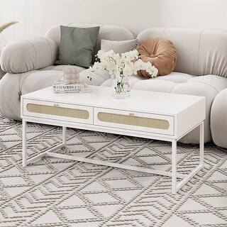 White Bohemian coffee table with natural rattan drawer
