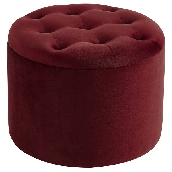 19.75" Burgundy Red Solid Contemporary Round Tufted Upholstered Storage Ottoman - N/A